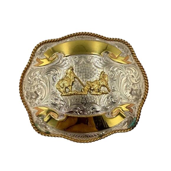 Montana Silversmiths Silver & Gold Tone Roping Western Cowboy Belt Buckle
